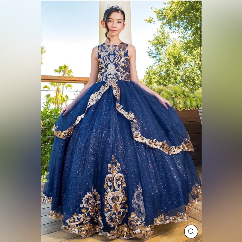 Girls Size 8 Pageant Dress • Cinderella Couture • Navy Blue Gown • Mini Quince